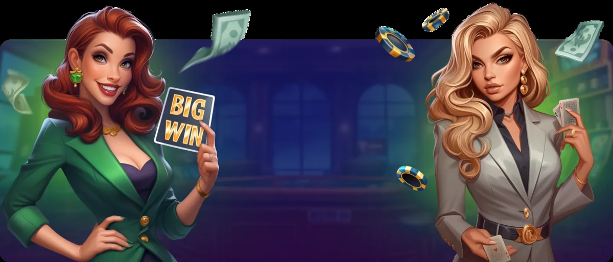 SpinMama Casino España — dos personajes animadas de casino en tono cian y púrpura con fichas y ambiente premium