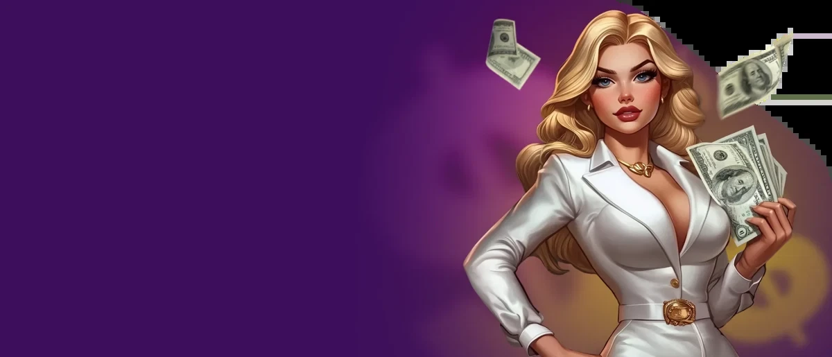 SpinMama Casino España — personaje animada rubia glamurosa con fichas de casino sobre fondo rosa magenta