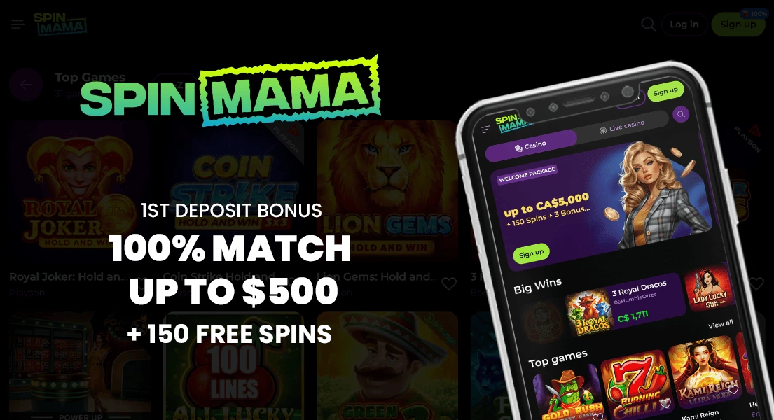 SpinMama Casino captura de pantalla real — interfaz del casino con bono primer depósito 100% match, giros gratis y lobby de tragaperras