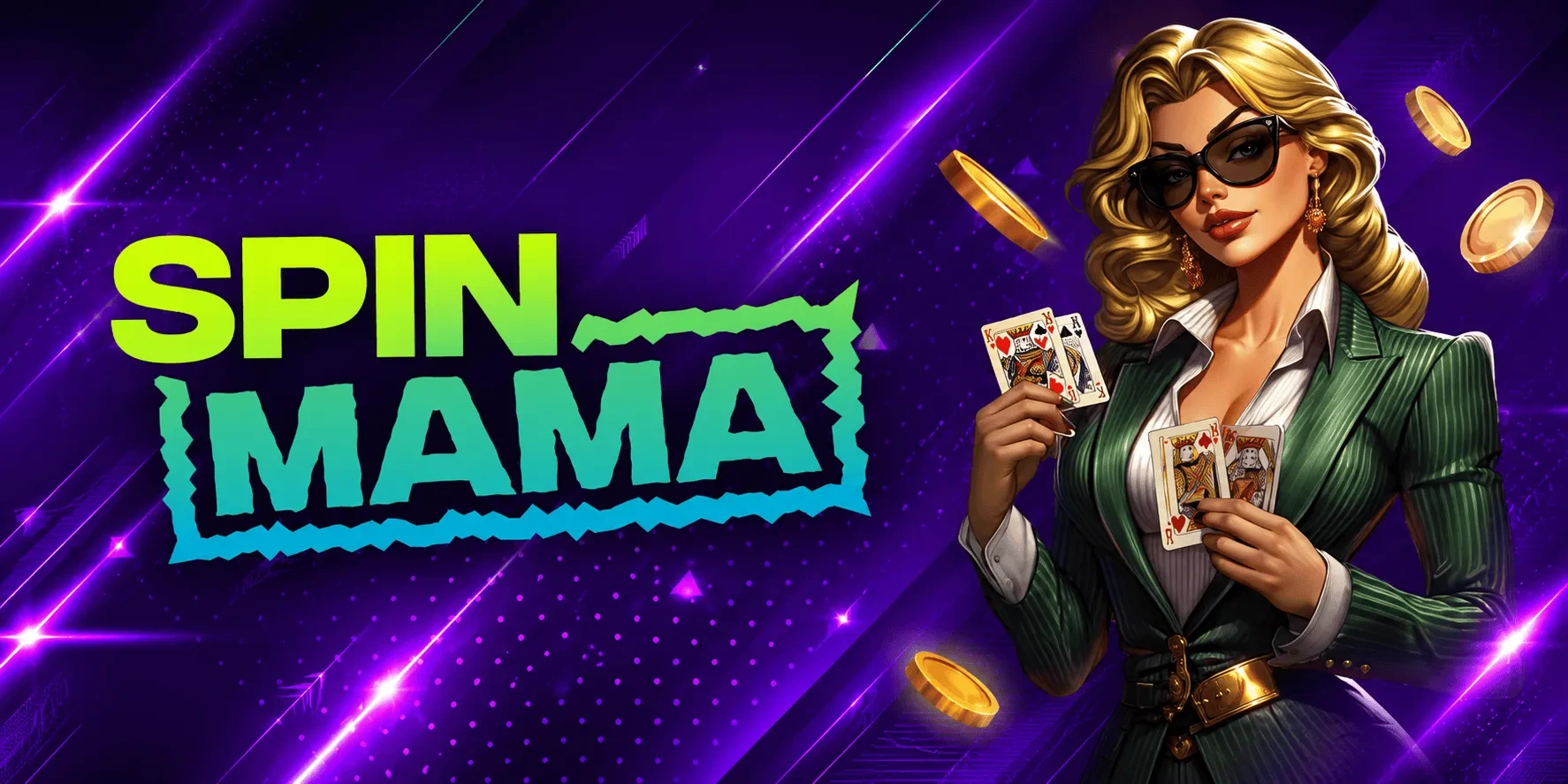 SpinMama Casino España — logo SPIN MAMA en púrpura y magenta con personaje animada sosteniendo cartas, accede al catálogo de 6000 juegos
