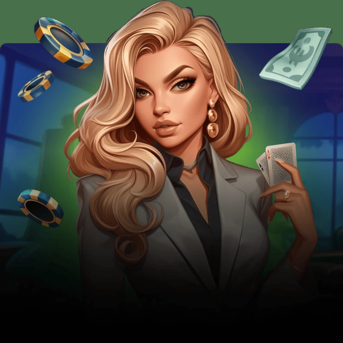 SpinMama Casino en móvil — personaje rubia con cartas de casino en entorno de casino premium