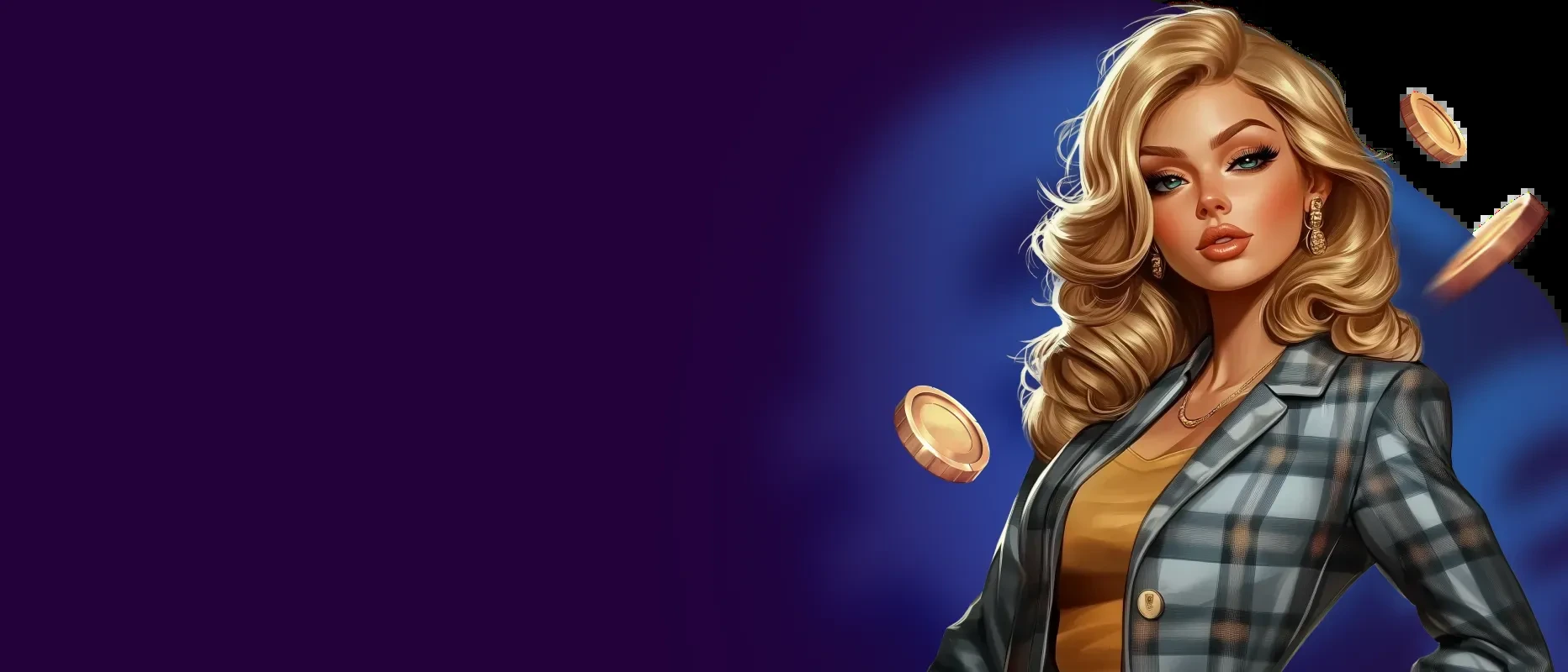 SpinMama Casino España — banner bono bienvenida hasta 2500 euros más 250 giros gratis, fondo púrpura profundo con personaje rubia animada