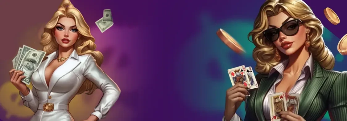 SpinMama Casino banner logo banniere con dos personajes animadas sobre fondo rosa magenta y cian
