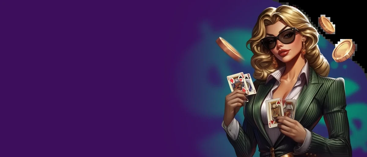SpinMama Casino Play Jonny banner dos personajes animadas de casino sobre fondo violeta y cian con fichas